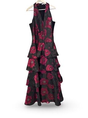 Black & Fuchsia Floral Tiered V-Neck Evening Dress